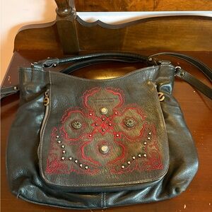 Elegant Black Leather Shoulder Bag with Red Embroidery